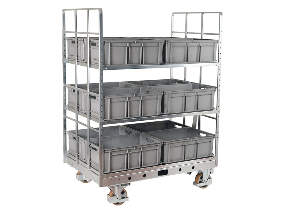 Lean Shelf wagon with KLT boxes and crates