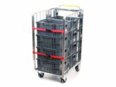 One-Touch roll container by K.Hartwall loaded with plastic KLT boxes