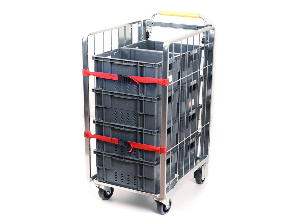 One-Touch roll container by K.Hartwall loaded with plastic KLT boxes