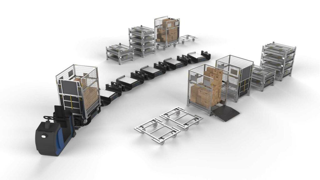 product portfolio intralogistics K.Hartwall includes tugger trains roll container and foldable cages