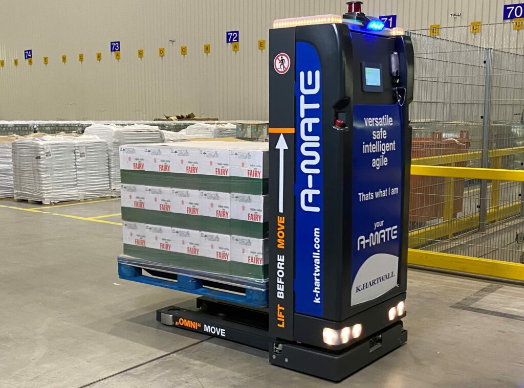 AGV A-MATE moving loaded pallets automatically from point A to point B